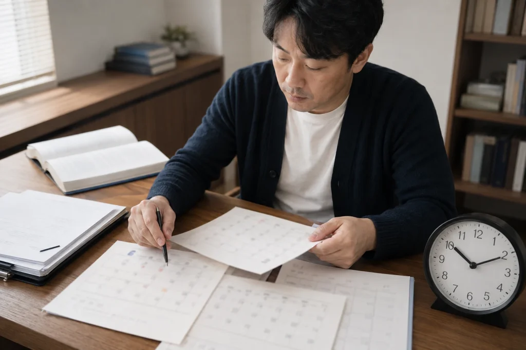 유류분 소송 절차 관련 날짜와 자료를 확인하는 장면